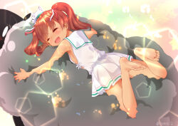 Rule 34 | 1girl, barefoot, blush, brown hair, closed eyes, commission, dress, fang, highres, izumikuma, kantai collection, libeccio (kancolle), long hair, open mouth, pixiv commission, sleeveless, sleeveless dress, smile, soles, solo, toes, twintails, twitter username, white dress