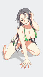 Rule 34 | 1girl, adjusting hair, arm support, bare legs, bare shoulders, barefoot, bent over, bikini, black hair, blue eyes, blush, body blush, breasts, cleavage, collarbone, female focus, fingernails, floral print, front-tie top, full body, green bikini, grey background, halterneck, head tilt, highres, kamezaemon, kneeling, large breasts, leaning forward, legs, long fingernails, long hair, long image, looking away, original, parted lips, shade, shadow, shiny skin, side-tie bikini bottom, simple background, skindentation, solo, swimsuit, tall image, thighs