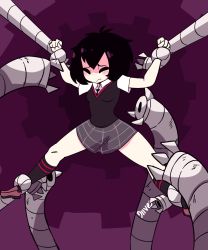 Rule 34 | 1girl, ahoge, animated, animated gif, arms up, artist name, bad id, bad twitter id, bdsm, black eyes, black hair, black necktie, black socks, black vest, blush, bondage, bound, breasts, clenched hands, diives, doctor octopus, english text, female focus, full body, grey skirt, hair between eyes, highres, kneehighs, marvel, mechanical arms, mechanical parts, miniskirt, necktie, notice lines, open mouth, outstretched arms, peni parker, plaid, plaid skirt, purple background, red footwear, school uniform, shirt, shoes, short hair, short sleeves, signature, simple background, single mechanical arm, skirt, small breasts, socks, solo, spider-man: into the spider-verse, spider-man (series), spider-verse, spread arms, spread legs, surprised, talking, tentacles, text focus, vest, white shirt