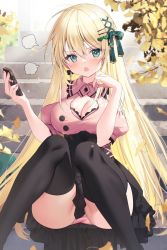 Rule 34 | 1girl, artist request, blonde hair, blush, breasts, cellphone, copyright request, emu alice, green eyes, hair ornament, highres, large breasts, long hair, long sleeves, looking at viewer, open mouth, panties, pantyshot, phone, pink panties, pleated skirt, skirt, smartphone, solo, thighhighs, underwear