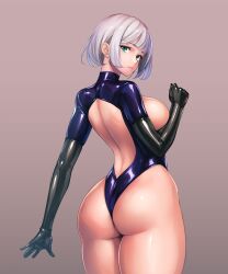 Rule 34 | 1girl, ass, bodysuit, breasts, female focus, green eyes, highres, large breasts, latex, rindou (radical dream), short hair, source request, white hair