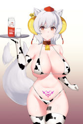 Rule 34 | 1girl, animal ears, animal print, barcode, barcode tattoo, bell, bikini, breasts, clenched hand, collar, cow horns, cow print, cow print bikini, cowbell, cowboy shot, cup, curvy, drinking glass, ear tag, elbow gloves, glass, gloves, hand up, hat, heart, heart-shaped pupils, holding, holding tray, horns, inubashiri momiji, large breasts, leg tattoo, milk, milk carton, neck bell, pout, print bikini, pubic tattoo, red eyes, short hair, silver hair, simple background, skindentation, slave tattoo, solo, stomach tattoo, swimsuit, symbol-shaped pupils, tail, tail wagging, tassel, tattoo, thighhighs, tibap, tokin hat, touhou, tray, v-shaped eyebrows, wolf ears, wolf girl, wolf tail