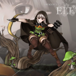 Rule 34 | 1girl, arrow (projectile), bad id, bad pixiv id, boots, bow (weapon), braid, brown eyes, cloak, dragon&#039;s crown, drawing bow, elf, elf (dragon&#039;s crown), gloves, holding bow (weapon), hood, mushroom, nestica, pointy ears, quiver, shorts, silver hair, solo, thigh boots, thighhighs, twin braids, weapon, zoom layer