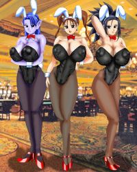 Rule 34 | 00s, 3girls, animal ears, arm behind head, bare shoulders, black eyes, black hair, black legwear, black leotard, blue eyes, blue hair, blurry, blurry background, bow, bowtie, breast hold, breasts, brown eyes, brown hair, cameltoe, casino, chandelier, cleavage, colored skin, covered erect nipples, covered navel, crossed ankles, crossed arms, detached collar, dragon quest, dragon quest viii, earrings, fake animal ears, fake tail, female focus, hair over one eye, hand on own hip, hand on thigh, happy, heels, high heels, highres, huge breasts, indoors, jessica albert, jewelry, legs, leotard, light smile, long hair, long legs, looking at viewer, matching hair/eyes, medium hair, multiple girls, open mouth, pantyhose, photo background, playboy bunny, pointy ears, purple skin, rabbit ears, rabbit tail, red (dq8), resting, see-through, see-through legwear, side-by-side, sidelocks, slot machine, spiked hair, square enix, standing, straight hair, strapless, strapless leotard, table, tail, twintails, urarhs, wing collar, witch, witch (dragon quest), witch lady (dq8), wrist cuffs