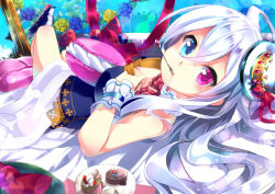 Rule 34 | 1girl, bad id, bad pixiv id, breasts, cake, canon (nyori), cleavage, detached collar, flower, food, hat, heterochromia, long hair, looking at viewer, lying, medium breasts, nyori, original, rose, solo, spoon, utensil in mouth, white hair, wrist cuffs