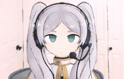 Rule 34 | 1girl, absurdres, capelet, closed mouth, commentary, door, door handle, elf, frieren, green eyes, headphones, headset, high collar, highres, iesonatana, indoors, long hair, looking at viewer, meme, microphone, parted bangs, pointy ears, portrait, sad linus (meme), solo, sousou no frieren, straight-on, twintails, white capelet, white hair
