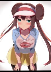 Rule 34 | 1girl, :o, absurdres, black pantyhose, blush, bow, breasts, brown hair, commentary request, creatures (company), double bun, game freak, green eyes, hair bun, hands on own thighs, highres, long hair, mattyazuki, nintendo, pantyhose, pink bow, pokemon, pokemon bw2, raglan sleeves, rosa (pokemon), shirt, sidelocks, skirt, sleeves past elbows, solo, sweat, twintails, two-tone headwear, very long hair, visor cap, wet, wet clothes, yellow skirt