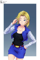 Rule 34 | 1girl, absurdres, android 18, blonde hair, blue eyes, dragon ball, dragonball z, highres, keihh, pose sexy, shirt, simple background, solo, white shirt