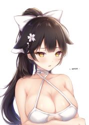 Rule 34 | 1girl, azur lane, bare shoulders, black hair, blush, bow, breast hold, breasts, breasts day, brown eyes, cleavage, collarbone, commentary request, criss-cross halter, hair bow, hair ornament, halterneck, highres, kiri celea, large breasts, long hair, parted lips, ponytail, shiny skin, simple background, solo, takao (azur lane), takao (beach rhapsody) (azur lane), upper body, white background