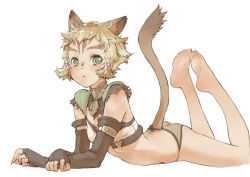 Rule 34 | 00s, 1girl, :&lt;, animal ears, ass, barefoot, blonde hair, branch (blackrabbits), cat ears, cat girl, cat tail, crop top, elbow gloves, face, facial mark, feet, final fantasy, final fantasy xi, fingerless gloves, gloves, green eyes, legs up, lying, messy hair, mithra (ff11), on stomach, panties, short hair, solo, tail, the pose, underwear