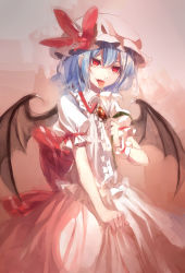 Rule 34 | 1girl, 60mai, bat wings, blue hair, bow, dress, female focus, flower, hat, hat bow, lily (flower), looking at viewer, nectar, red eyes, remilia scarlet, sexually suggestive, short hair, smile, solo, tongue, tongue out, touhou, wings