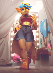 Rule 34 | 1girl, animal ears, animal nose, artist name, bare legs, blonde hair, blue eyes, blue hair, body fur, brown fur, buttons, claws, coat, crash bandicoot (series), crop top, cropped shirt, curtains, denim, denim shorts, dressing room, earrings, from below, full body, furry, furry female, half-closed eye, hand on own hip, hand up, head tilt, indoors, jewelry, kyander, light, light bulb, light smile, lips, long sleeves, midriff, multicolored hair, open clothes, open coat, parted lips, redesign, shirt, shoes, short hair, shorts, snout, solo, stomach, streaked hair, taut clothes, taut shirt, tawna bandicoot, turtleneck, two-tone fur, two-tone hair, walking, watermark, web address, wooden floor