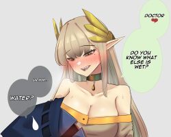 Rule 34 | 1girl, 1other, :d, abineko, arknights, bare shoulders, black choker, blush, breasts, brown eyes, choker, cleavage, commentary request, doctor (arknights), grey background, grey hair, grey shirt, highres, hood, large breasts, long hair, looking at viewer, muelsyse (arknights), nose blush, off-shoulder shirt, off shoulder, open mouth, pointy ears, shirt, simple background, smile, speech bubble, sweatdrop, upper body, very long hair