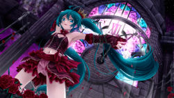 Rule 34 | 1girl, aqua eyes, aqua hair, armpits, blue eyes, bow, breasts, bustier, chain, cleavage, clock, clock tower, crown, detached sleeves, fence, flower, hatsune miku, highres, long hair, looking at viewer, midriff, navel, project diva (series), project diva 2nd, romeo to cinderella (vocaloid), rose, skirt, smile, solo, tower, tsukineko, twintails, very long hair, vocaloid
