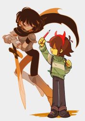 Rule 34 | 2others, armor, armored boots, backpack, bag, bag charm, boots, brown hair, charm (object), closed mouth, colored skin, deltarune, dual persona, closed eyes, fake horns, gloves, hair between eyes, highres, holding, holding sword, holding weapon, horns, kris (deltarune), long sleeves, multiple others, open mouth, pants, pencil, senjochi janai, shadow, short hair, signature, simple background, standing, sweater, sword, undershirt, weapon, yellow skin