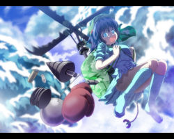Rule 34 | 1girl, backpack, bag, blue eyes, blue hair, boots, convenient leg, flying, hair bobbles, hair ornament, hat, kawashiro nitori, letterboxed, matching hair/eyes, open mouth, rubber boots, short hair, sky, solo, touhou, twintails, two side up, wrr, wrwr