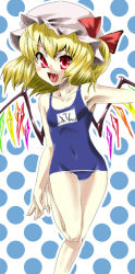 Rule 34 | 1girl, :d, blonde hair, fang, female focus, flandre scarlet, gengorou, hat, leg lift, mob cap, name tag, one-piece swimsuit, open mouth, polka dot, polka dot background, red eyes, school swimsuit, smile, solo, swimsuit, touhou, wings