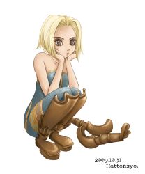 Rule 34 | 1girl, bare shoulders, blonde hair, boots, brass knuckles, breasts, brown eyes, catsuit, enushi (3 7 1), female focus, final fantasy, final fantasy tactics, full body, gauntlets, hattensyo, highres, monk, monk (fft), pout, short hair, solo, squatting, unitard, weapon, white background