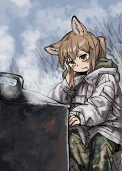 Rule 34 | 1girl, :3, absurdres, animal ears, brown eyes, brown hair, closed mouth, cooking, cooking pot, drooling, fox ears, fox girl, fox girl (yihan1949), head on hand, highres, military uniform, original, ponytail, sitting, sky, solo, steam, uniform, waiting, winter, winter clothes, yihan1949