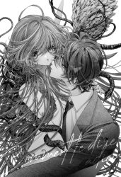 1boy 1girl asymmetrical_wings aya_carmine braid breasts clothed_male_nude_female collared_shirt commentary completely_nude copyright_name eyelashes fingernails french_text greyscale hair_between_eyes half-closed_eyes hetero hitomi_hirosuke_(sayonara_wo_oshiete) hug jacket lapels long_hair long_sleeves looking_at_another looking_at_viewer medium_breasts monochrome necktie nipple_slip nipples notched_lapels nude parted_lips sayonara_wo_oshiete shirt short_hair snake snake_wrapped_around_arm sugamo_mutsuki twin_braids very_long_hair wings