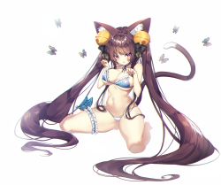 Rule 34 | 1girl, absurdly long hair, absurdres, animal ear fluff, animal ears, bad id, bad pixiv id, bare arms, bare legs, bare shoulders, barefoot, bell, bikini, bikini top only, black ribbon, blue bikini, blue choker, blue neckwear, blush, breasts, bridal garter, brown hair, bug, butterfly, cat ears, cat girl, cat tail, choker, cleavage, collarbone, covered erect nipples, dai nikucho, fang, frilled bikini, frilled bikini top, frills, full body, glint, hair bell, hair ornament, hair ribbon, hands up, highres, huge filesize, insect, jingle bell, large breasts, long hair, looking at viewer, navel, neck choker, open mouth, original, paw pose, purple eyes, ribbon, sidelocks, simple background, sitting, skindentation, smile, solo, spread legs, stomach, strap gap, string bikini, swimsuit, tail, tail raised, underboob, very long hair, wariza, white background