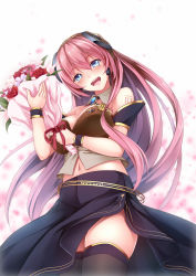 Rule 34 | 1girl, :d, armband, bare shoulders, bit (keikou syrup), black skirt, black thighhighs, blue eyes, blue gemstone, blush, bouquet, breasts, brooch, cleavage, cowboy shot, detached collar, flower, from below, gem, happy, head tilt, headphones, holding, holding bouquet, jewelry, large breasts, legs, long hair, long skirt, looking at another, megurine luka, megurine luka (vocaloid4), midriff, navel, neck, open mouth, pink hair, red flower, red ribbon, red rose, ribbon, rose, round teeth, side slit, skirt, smile, solo, standing, strapless, tattoo, tears, teeth, thighhighs, v4x, very long hair, vocaloid, wristband