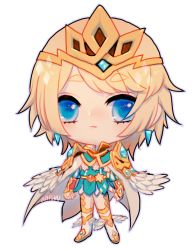 Rule 34 | 1girl, blonde hair, blue eyes, blue hair, cape, chibi, crown, dress, earrings, feather trim, female focus, fire emblem, fire emblem heroes, fjorm (fire emblem), full body, gradient hair, jewelry, looking at viewer, multicolored hair, nintendo, onisuu, polearm, short hair, smile, solo, thighhighs, transparent background, weapon