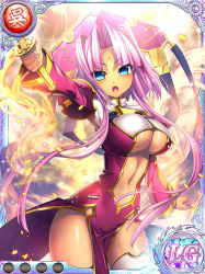 1girl arm_up blue_eyes breasts card_(medium) center_opening cleavage detached_sleeves dress female_focus hat hikage_eiji koihime_musou large_breasts long_hair looking_at_viewer navel official_art open_mouth pink_hair short_hair_with_long_locks solo sonken standing sword thighhighs underboob weapon white_thighhighs zettai_ryouiki