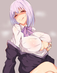 Rule 34 | 10s, 1girl, :q, blush, bow, bowtie, breast hold, breasts, breath, crossed legs, cum, cum on body, cum on breasts, cum on upper body, grey background, gridman universe, highres, large breasts, long sleeves, looking at viewer, naughty face, pink bow, pink bowtie, pink hair, red eyes, samurai (movemusic), shinjou akane, shirt, short hair, simple background, sitting, sketch, smile, solo, ssss.gridman, tongue, tongue out, white shirt