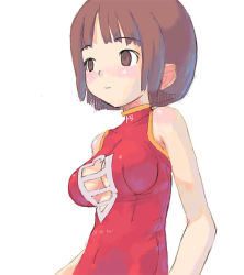 Rule 34 | 1girl, blush, brown eyes, brown hair, cleavage cutout, clothing cutout, short hair, simple background, smile, solo, syzluna, tougetsu gou, white background