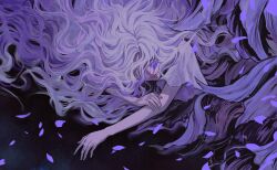 1girl absurdres black_background closed_eyes dress elden_ring elden_ring:_shadow_of_the_erdtree falling_petals grey_dress grey_hair hair_over_eyes hand_on_own_arm highres light_smile long_hair petals purple_petals roku_(gansuns) short_sleeves solo st._trina_(elden_ring) upper_body very_long_hair wavy_hair