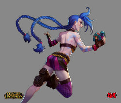 Rule 34 | 1girl, absurdly long hair, arm tattoo, ass, back, blue hair, boots, braid, explosive, gloves, grenade, jinx (league of legends), league of legends, long hair, no shirt, nose, official art, pink eyes, riot games, short shorts, shorts, solo, strap slip, tattoo, thighhighs, twin braids, very long hair
