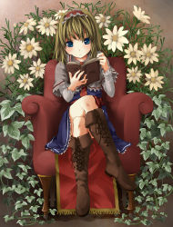 Rule 34 | 1girl, alice margatroid, blonde hair, blue eyes, book, boots, female focus, flower, hairband, highres, crossed legs, open book, plant, reading, short hair, sitting, solo, touhou, unasaka ryou, vines