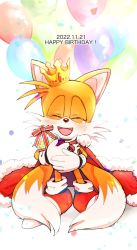 Rule 34 | 1boy, :d, balloon, blush, box, cape, closed eyes, crown, fox boy, fur trim, furry, furry male, gift, gift box, gloves, happy, happy birthday, highres, male focus, misuta710, multiple tails, open mouth, red cape, smile, solo, sonic (series), sonic the hedgehog (classic), sonic the hedgehog 2, tail, tails (sonic), tearing up, two tails, white gloves
