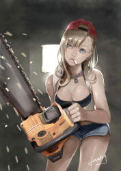 Rule 34 | 1girl, aqua eyes, bare shoulders, baseball cap, blonde hair, bobo1983, breasts, chain, chainsaw, cigarette, cleavage, grey eyes, hat, highres, jewelry, long hair, necklace, open mouth, original, shorts, smoking, solo