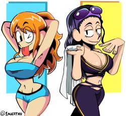 Rule 34 | 1nsert-art-here, 2girls, :p, armpits, arms behind head, arms up, black eyes, black hair, bra, breasts, cleavage, curvy, eye visible through hair, glasses, glasses on head, grin, hand gesture, large breasts, long hair, multiple girls, nami (one piece), nico robin, one piece, orange hair, ponytail, short shorts, shorts, smile, sportswear, tongue, tongue out, towel, underwear, white theme
