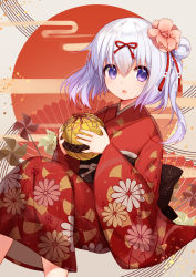 Rule 34 | 1girl, ball, bison cangshu, brown flower, commentary request, egasumi, feet out of frame, floral print, flower, gradient hair, hair between eyes, hair bun, hair flower, hair ornament, hair ribbon, highres, holding, holding ball, japanese clothes, kimono, long hair, looking at viewer, multicolored hair, obi, one side up, parted lips, print kimono, purple eyes, purple hair, red kimono, red ribbon, ribbon, sash, silver hair, single hair bun, solo, warship girls r, yukikaze (warship girls r)