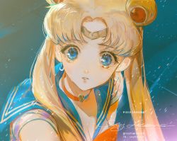 Rule 34 | 1girl, artist name, bishoujo senshi sailor moon, blonde hair, breasts, choker, cleavage, collar, commentary, crescent, crescent earrings, crying, crying with eyes open, double bun, earrings, eyebrows hidden by hair, eyelashes, gold, hair bun, heart, heart collar, instagram username, jewelry, lens flare, lens flare abuse, long hair, looking at viewer, meme, parted bangs, parted lips, pixiv id, sailor collar, sailor moon, sailor moon redraw challenge (meme), say hana, signature, solo, tears, tsukino usagi, twintails, twitter username, upper body