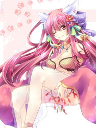 Rule 34 | 1girl, animal ear fluff, animal ears, bell, bikini, bow, breasts, cleavage, commentary, detached sleeves, feet out of frame, flower, fox ears, gem, grin, gypsy (ragnarok online), hair between eyes, hair bow, hair flower, hair ornament, highres, jewelry, jingle bell, long hair, looking at viewer, medium breasts, necklace, one eye closed, pants, paw print, paw print background, paw print pattern, pink eyes, pink hair, purple bow, ragnarok online, red flower, red sleeves, see-through, sequins, smile, solo, strapless, strapless bikini, swimsuit, tamak rui, very long hair, white background, white pants, yellow bikini