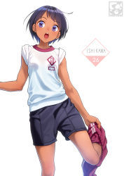 Rule 34 | 1girl, :o, blue eyes, blue hair, breasts, child, dark-skinned female, dark skin, gym shirt, gym uniform, highres, leg up, open mouth, original, pairan, shirt, short sleeves, shorts, simple background, sleeves rolled up, small breasts, solo, standing, standing on one leg, tagme, tan, teeth, tomboy, undressing, upper teeth only, white background