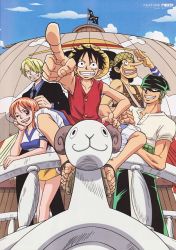 Rule 34 | 1girl, 4boys, earrings, east blue, formal, going merry, hat, jewelry, jolly roger, monkey d. luffy, multiple boys, nami (one piece), official art, one piece, overalls, pirate, roronoa zoro, sandals, sanji (one piece), short hair, suit, usopp