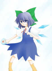 Rule 34 | 1girl, blue dress, blue eyes, blue hair, blue pony, bluepony, bow, carrot, cirno, dress, female focus, grin, ice, ice wings, looking at viewer, matching hair/eyes, puffy short sleeves, puffy sleeves, red ribbon, ribbon, shoot the bullet, short sleeves, smile, socks, solo, touhou, wings