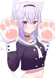 Rule 34 | 1girl, absurdres, ahoge, animal ear fluff, animal ears, arms up, black choker, black hairband, black shirt, blue hair, blush, cat ears, cat girl, cat tail, choker, closed mouth, colored inner hair, commentary request, crop top, gloves, hair between eyes, hairband, highres, hololive, honome sui, looking at viewer, medium hair, midriff, multicolored hair, navel, neckerchief, nekomata okayu, nekomata okayu (casual), purple eyes, purple hair, sailor collar, shirt, simple background, solo, tail, tail raised, upper body, virtual youtuber, white background, white neckerchief, white sailor collar