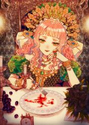 Rule 34 | 1girl, akari botan, black nails, bracelet, brown eyes, candle, chair, clock, crown, food, fork, frills, fruit, grapes, highres, jewelry, leaf, long hair, necklace, original, parted lips, pink hair, plate, ring, shadow, smile, solo, upper body