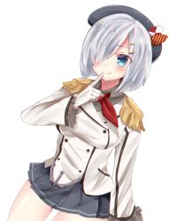 Rule 34 | 1girl, bad id, bad pixiv id, blue eyes, breasts, cosplay, epaulettes, finger in own mouth, gloves, hair ornament, hair over one eye, hairclip, hamakaze (kancolle), hat, kantai collection, kashima (kancolle), kashima (kancolle) (cosplay), masayo (gin no ame), medium breasts, military, military uniform, miniskirt, pleated skirt, short hair, silver hair, skirt, smile, solo, twintails, uniform, white gloves
