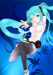 Rule 34 | 1girl, absurdres, aqua eyes, aqua hair, bare shoulders, black thighhighs, breasts, cait aron, detached sleeves, hatsune miku, hatsune miku (append), highres, long hair, one eye closed, solo, thighhighs, vocaloid, vocaloid append, wink
