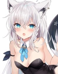 Rule 34 | 1girl, ahoge, animal ears, black leotard, blue eyes, blue neckerchief, braid, breasts, cleavage, detached collar, hololive, large breasts, leotard, long hair, looking at viewer, neckerchief, open mouth, playboy bunny, retsuto, shirakami fubuki, side braid, simple background, solo, tail, upper body, virtual youtuber, white background, white hair, wrist cuffs