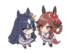 Rule 34 | 2girls, animal ears, blue hair, bow, bowtie, braided hair rings, brown footwear, brown hair, chibi, commentary, dark blue hair, ear covers, from side, gentildonna (umamusume), heart-shaped ornament, heart ear ornament, highres, horse ears, horse girl, horse tail, horseshoe ornament, long hair, looking at another, mayana (bbpp), mole, mole under eye, multicolored hair, multiple girls, pleated skirt, purple eyes, purple shirt, purple skirt, purple thighhighs, red eyes, sailor collar, sailor shirt, school uniform, shirt, simple background, single ear cover, skirt, symbol-only commentary, tail, thighhighs, tracen school uniform, umamusume, verxina (umamusume), white background, white bow, white bowtie
