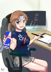 Rule 34 | 1girl, akashieru, akigumo (kancolle), alternate costume, bags under eyes, blue shirt, brown hair, can, chair, clothes writing, cold pack, drawing tablet, energy drink, feet out of frame, green eyes, grey skirt, highres, holding, holding stylus, kantai collection, long hair, mole, mole under eye, monitor, office chair, red bull, shirt, sitting, skirt, solo, stylus, swivel chair