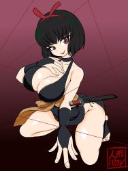 Rule 34 | 1girl, alternate breast size, arm support, artist request, ass, bare legs, bare shoulders, black hair, breasts, cleavage, dress, full body, gradient background, hairband, highres, inuyasha, katana, large breasts, lips, lipstick, looking at viewer, makeup, no bra, red eyes, revealing clothes, sakasagami no yura, shiny skin, short dress, simple background, smile, sword, weapon